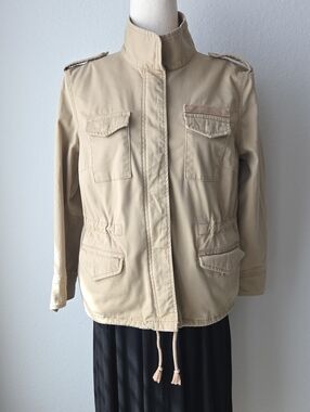 Izod Beige Military Trench Utility Work Jacket Cargo Womens Medium Cinch Waist